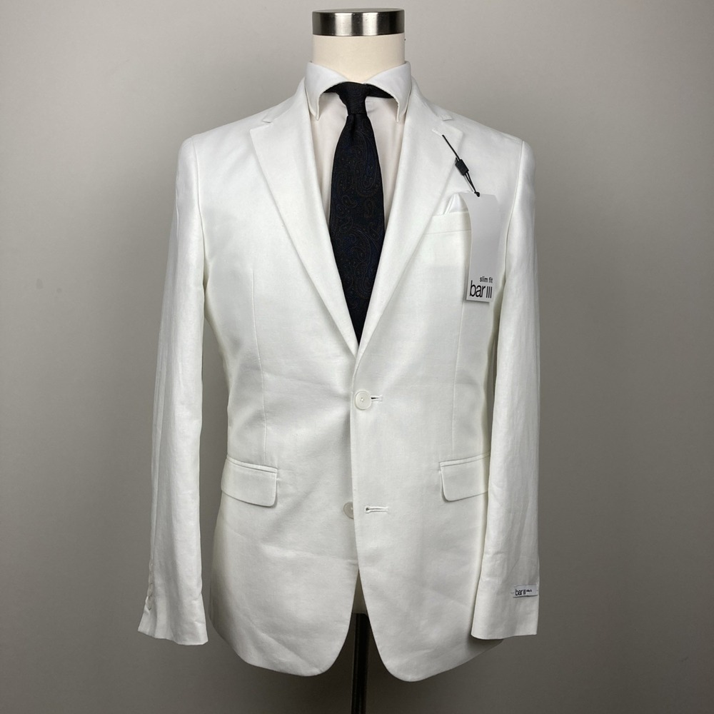 Bar III Mens Slim fit Suit Jacket Blazer 42 R White Solid Linen Blend F03388